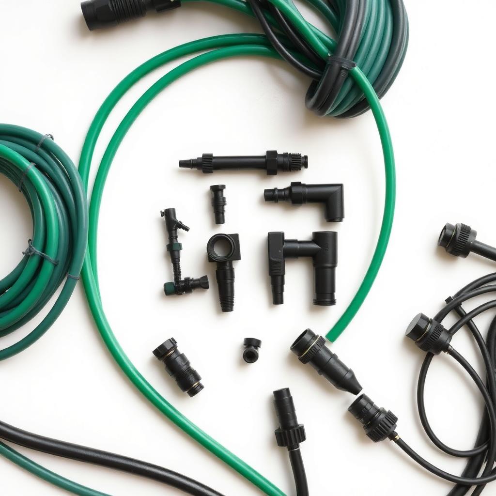 Coils of drip irrigation tubing, black pipes, emitters, connectors and fittings for farm irrigation systems