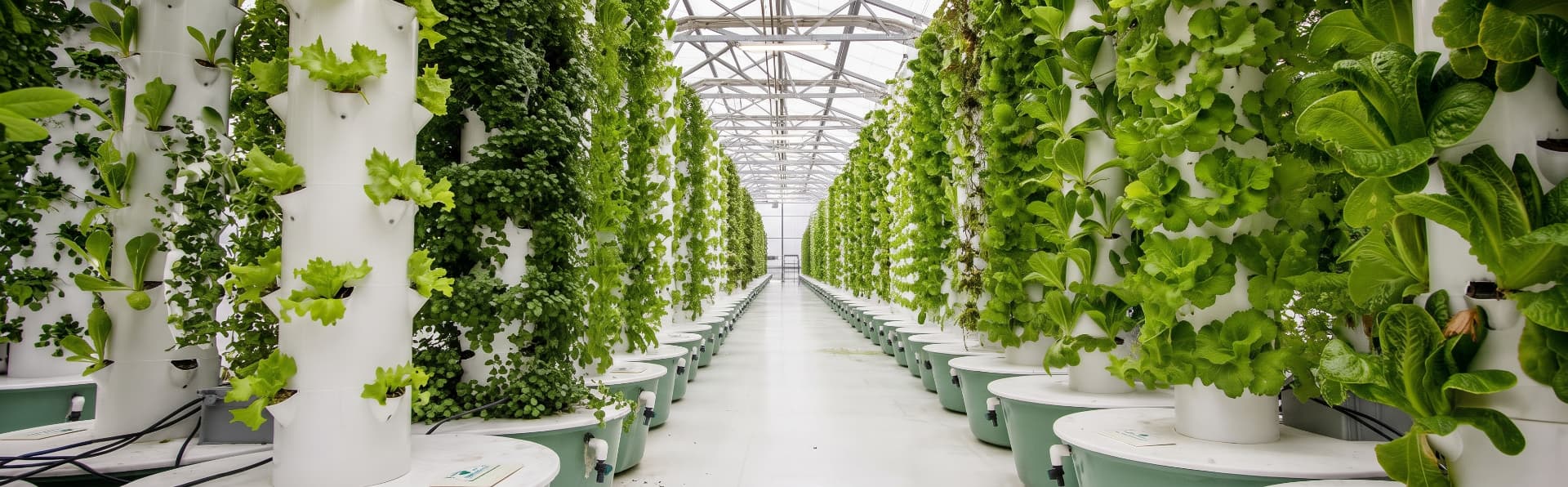 Rows of white vertical farming towers with leafy greens growing through ports, inside Fahigovaan's greenhouse