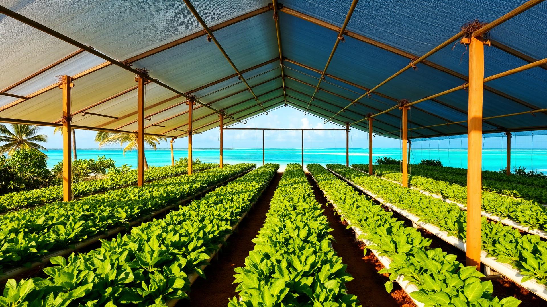 Island shade house full of leafy green crops growing beside a Maldivian lagoon